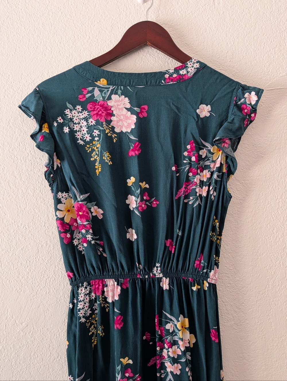 Old Navy Green Pink Floral Ruffle Sleeve Midi Dress Size Small - Picture 9 of 13